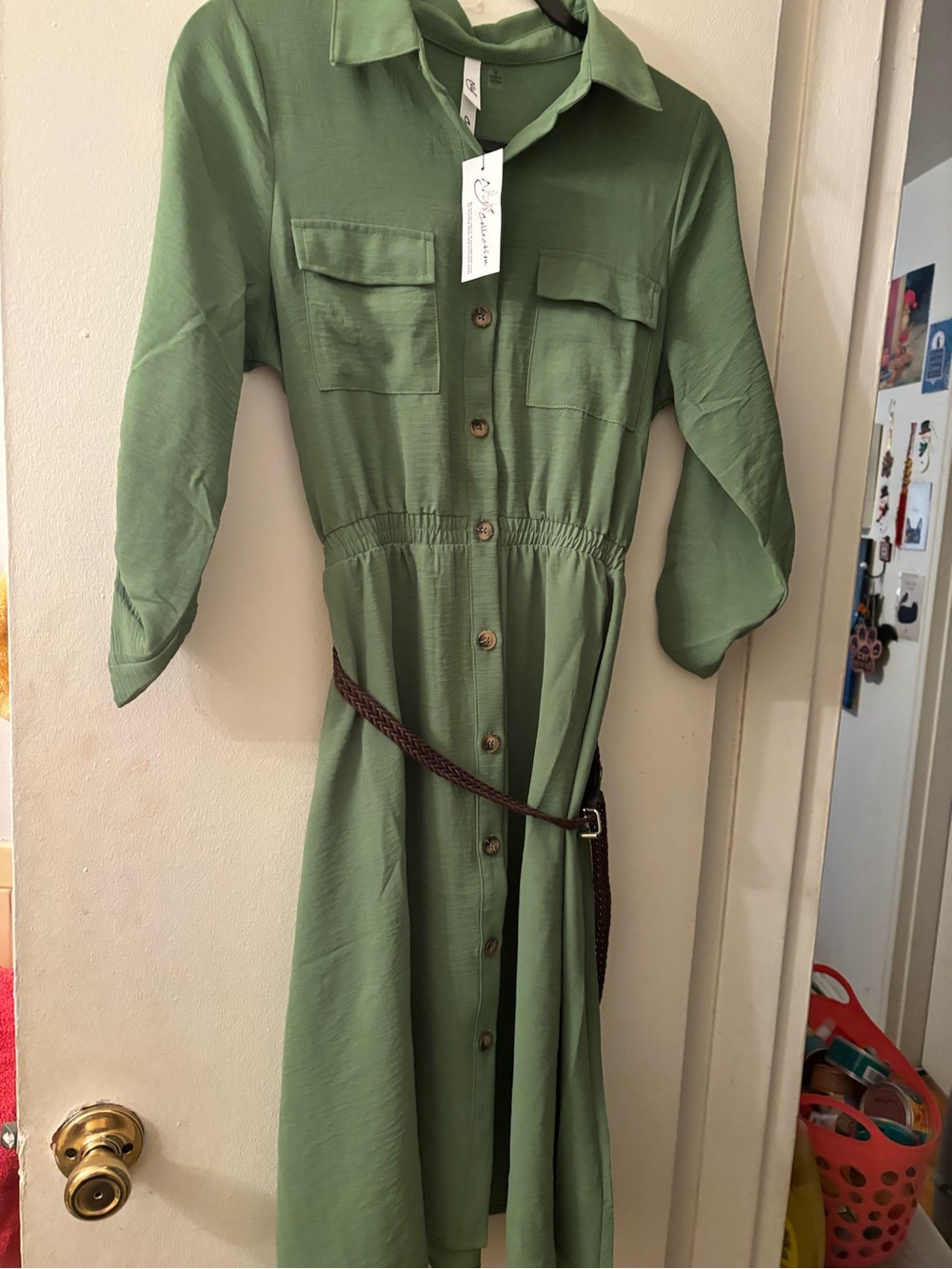 Olive Green Button-Front Shirtdress with Waist Tie